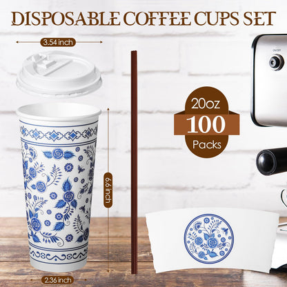 Sherr 100 Pack Paper Coffee Cups Disposable Coffee Cups with Lids Coffee Cups with Sleeves and Straws Blue and White Paper Coffee Cups Floral Pattern Paper Cups for Office, Home, Tea Party (20 oz)