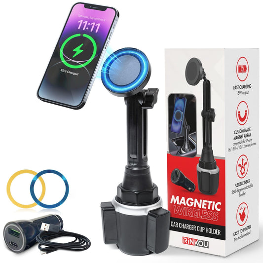 Cup Holder Charger Mount for Magsafe - 15W Wireless Charger with QC Adapter, Strong Magnetic Cup Holder Phone Mount Holder, Adjustable Car Mount for iPhone 12/13/14, Includes Car Charger & Cable