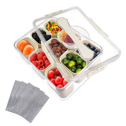 9 Compartments Divided Serving Tray with Lid and Handle, Snackle Box Container, Portable Snack Platters Organizer for Snacks,Fruit,Nuts.With 3 Double Layer Multifunctional Non-Scratch Wire Dishcloths