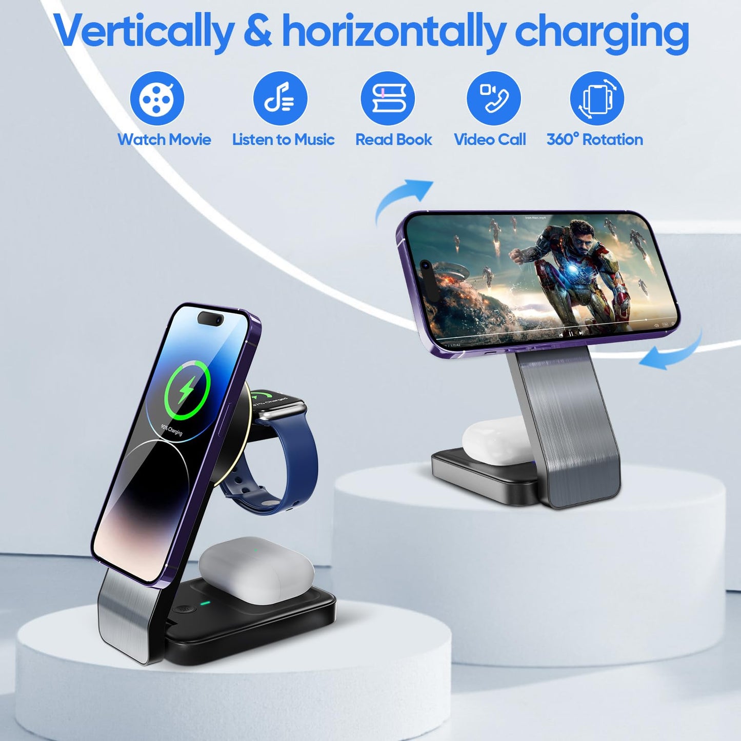 3 in 1 Magnetic Wireless Travel Foldable Charger Stand Dock with Light for Apple Products, Portable Mag-Safe Charging Station, Compatible with iPhone 15/14/13/12 Series,Apple Watch,Airpods