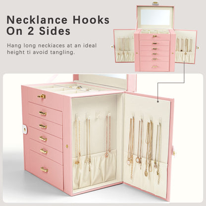 KAMIER Jewelry Box for Women, 6-Layer Large Jewelry Organizer Box with Mirror & 5 Drawers for Rings, Earrings, Necklaces, Bracelets,Pink