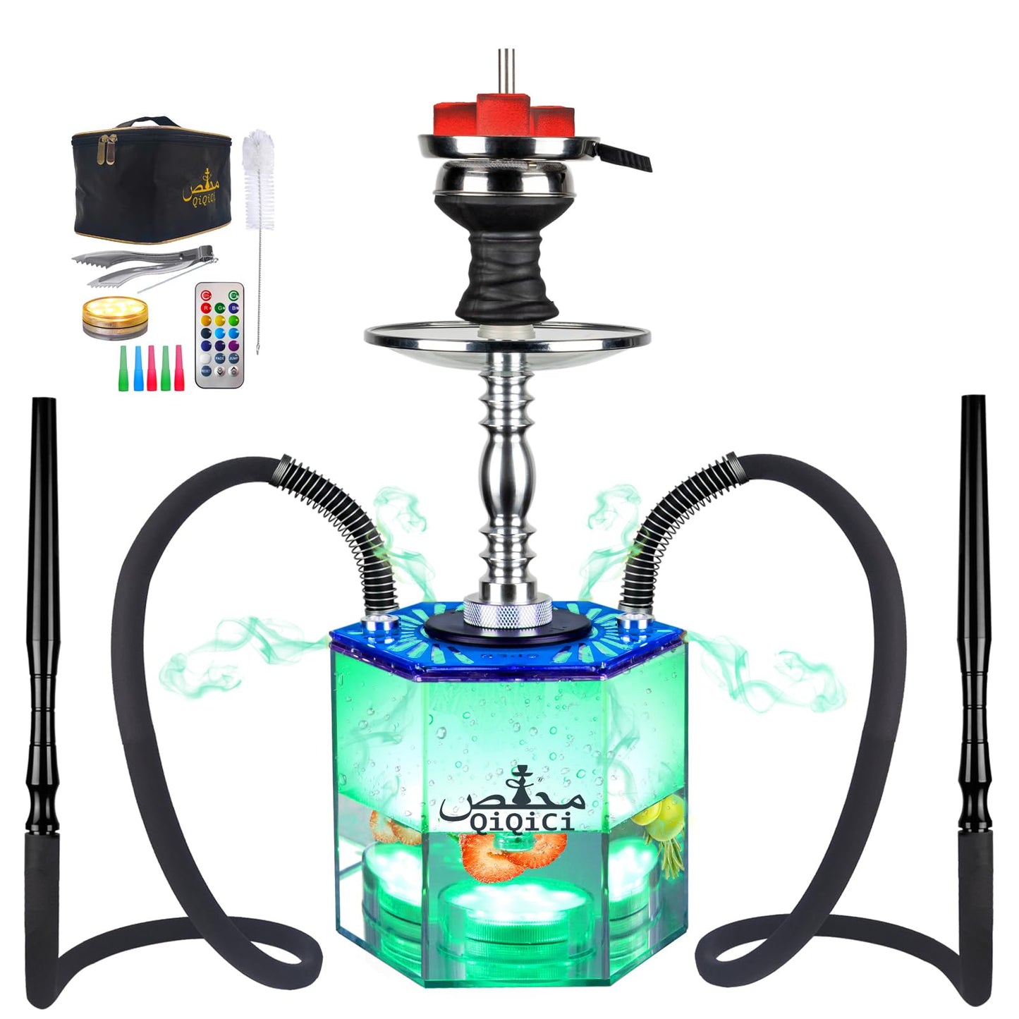 QiQiCi Hookah 2 Hose Hookah Set With Everything Modern Hexagon Plus Acrylic Hookah Shisha With Hookah Accessories LED Hookah With Hookah Bowl Coal Holder Hookah Tongs 5 Hookah Tips (BluePlus)