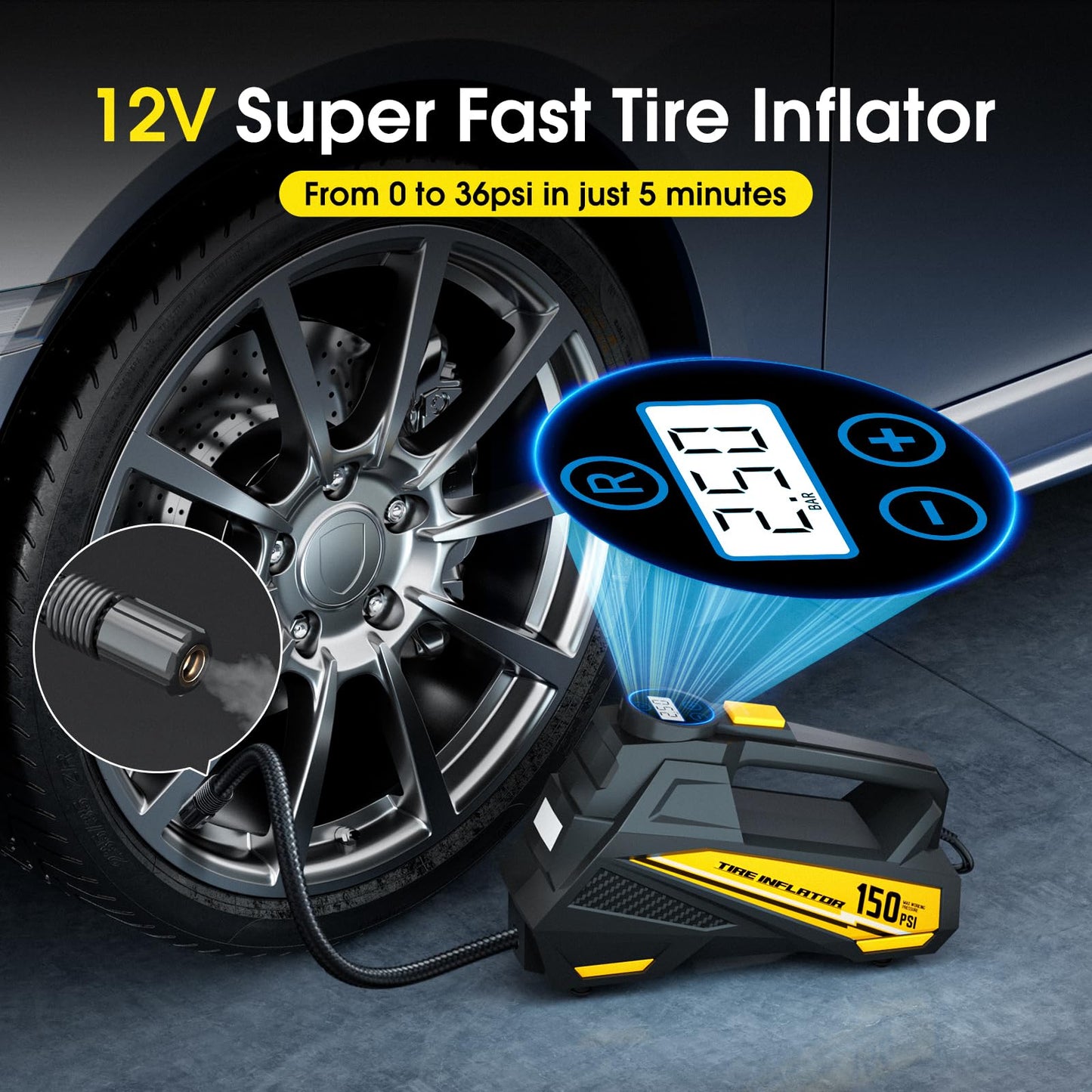 Portable Tire Inflator with Digital Gauge & Light