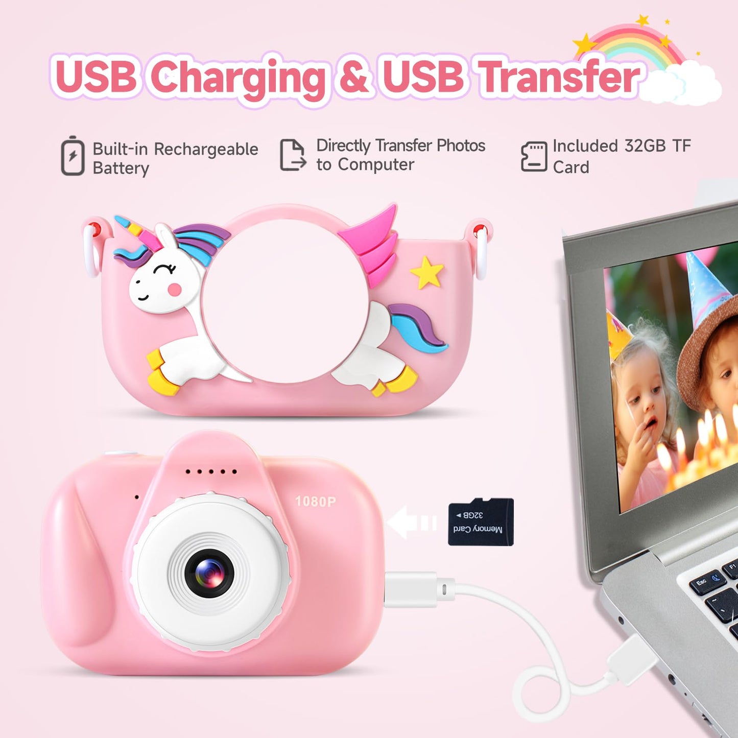 ZUODUN Kids Camera Toys for Girls Age 3-8, Kids Digital Camera Toddler Camera for 3 4 5 6 7 8 Years Old Birthday Gifts, 1080P Video Camera with Cute Protective Cover & 32GB SD Card