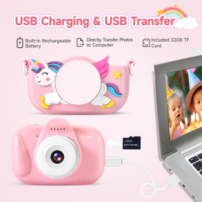 ZUODUN Kids Camera Toys for Girls Age 3-8, Kids Digital Camera Toddler Camera for 3 4 5 6 7 8 Years Old Birthday Gifts, 1080P Video Camera with Cute Protective Cover & 32GB SD Card