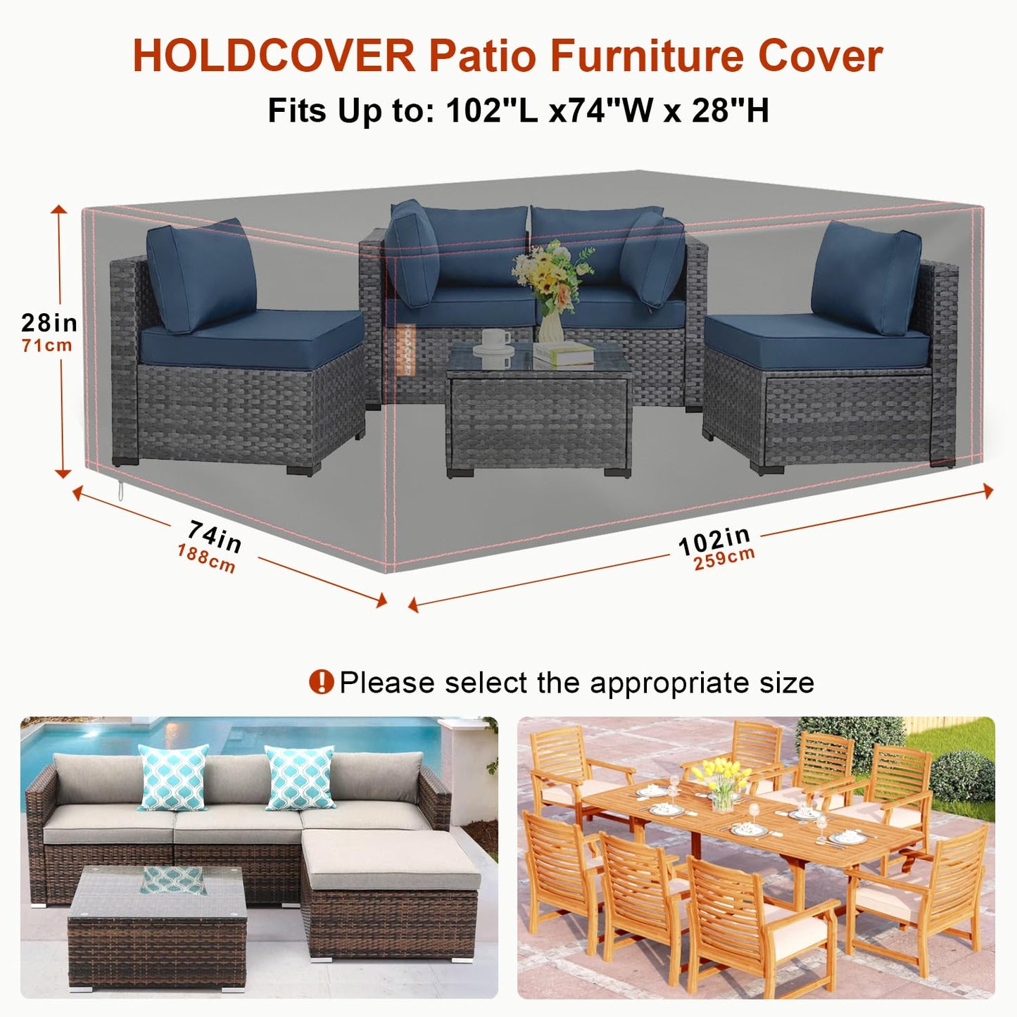 Patio Furniture Covers Waterproof , 420D Furniture Covers for Outdoor Sectional Sofa Set, Rectangular Outdoor Furniture Table and Chair Covers (102" L×74" W×28" H)