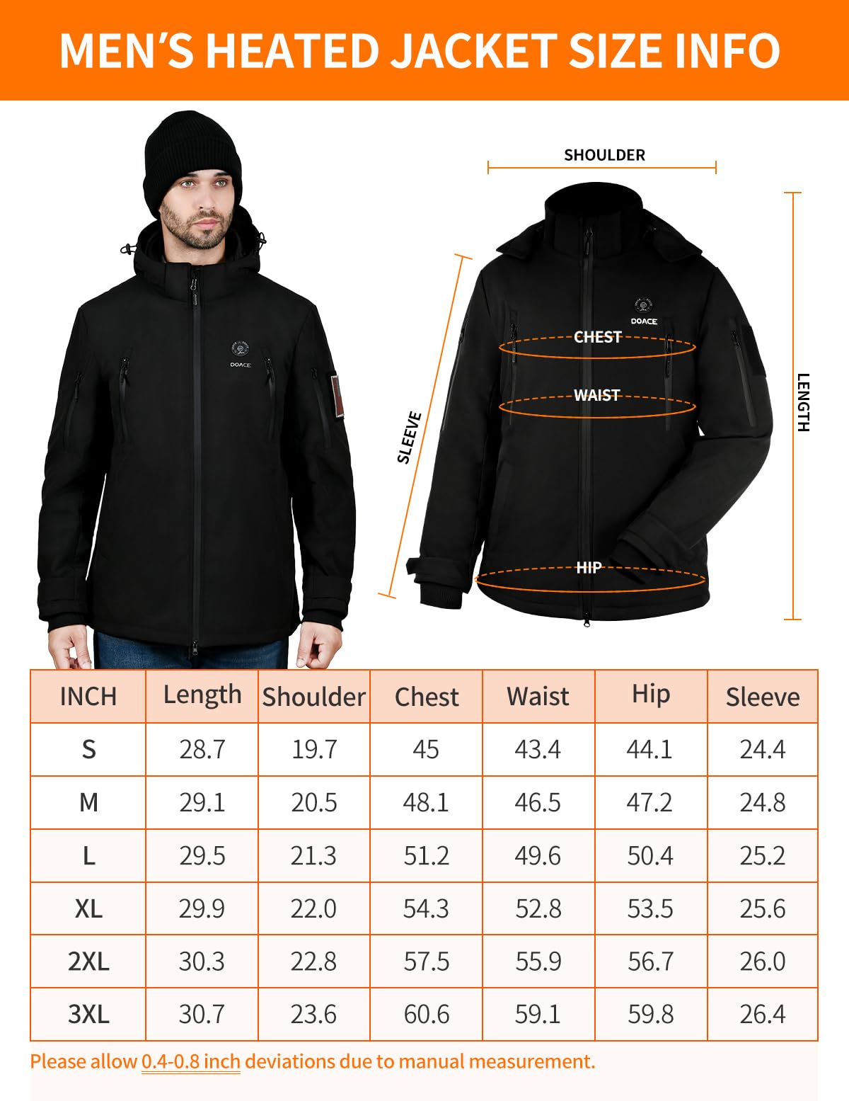 DOACE Heated Jacket Soft Shell for Men Women, Heated Jacket Warm Coat with 12V 14400mAh Battery Pack, S