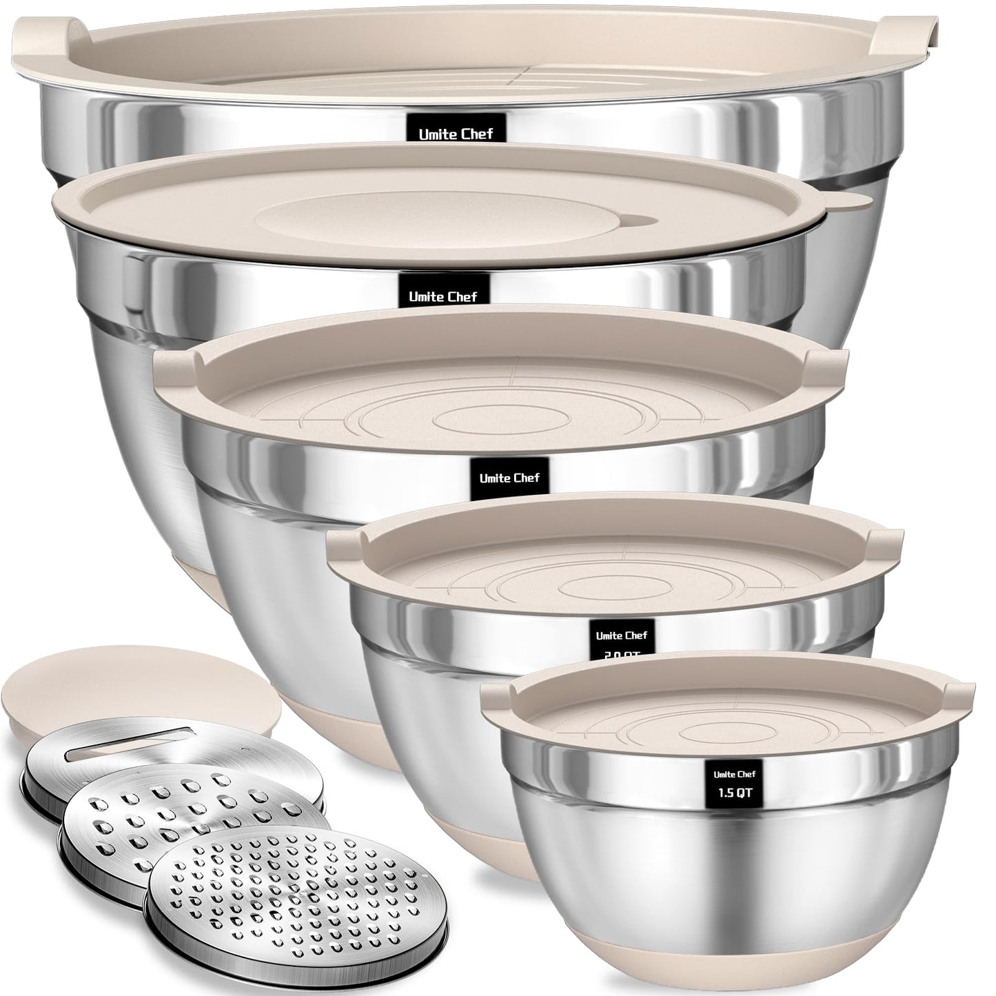 Umite Chef Mixing Bowls with Airtight Lids Set, 8PCS Stainless Steel Khaki Nesting Bowls with Grater Attachments, Kitchen Bowls with Non-Slip Bottoms, Size 5, 4, 3.5, 2, 1.5QT for Mixing & Serving