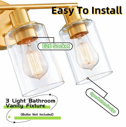 WISBEAM 3-Light Bathroom Vanity Light Over Mirror, Gold Bathroom Wall Sconce with Clear Glass Shade Including E26 Medium Base, Bulb NOT Included