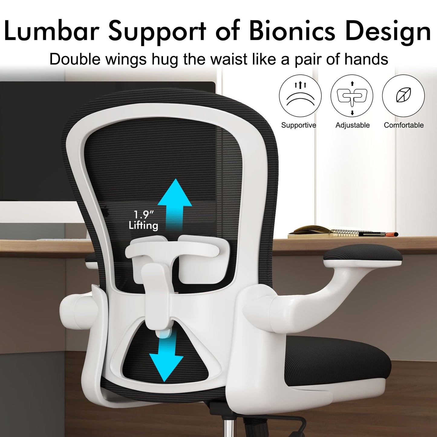 Apusen Ergonomic Home Office Desk Chairs Comfy Computer Gaming Chairs Mesh Arm Swivel Chairs of Adults for Home Office Bedroom(White)