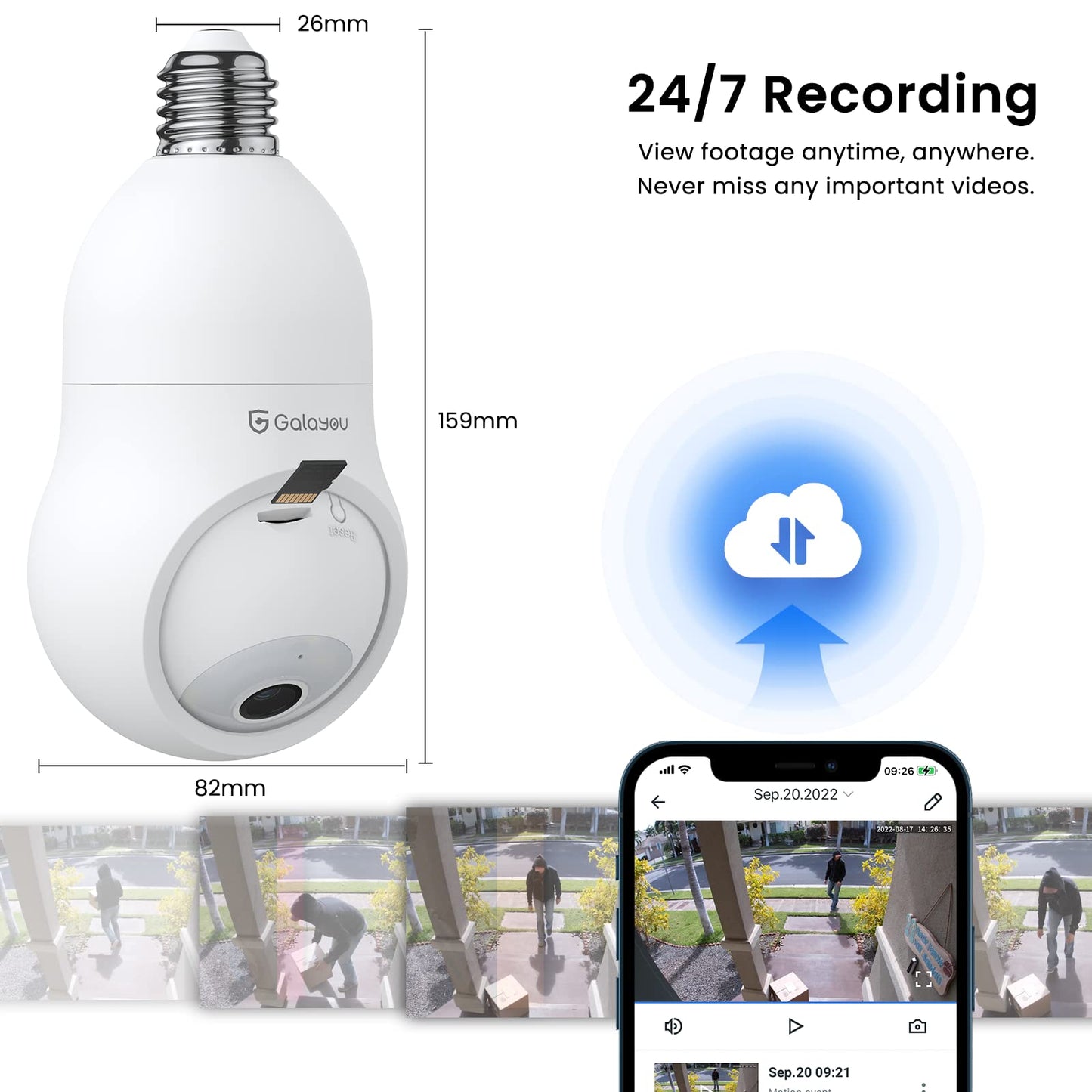 GALAYOU 360 Light Bulb Security Camera - Light Socket Wireless Camera for Home Security Recording Indoor&Outdoor, WiFi Video Surveillance with 2K Resolution, Motion Tracking,Works with Alexa, 2.4Ghz