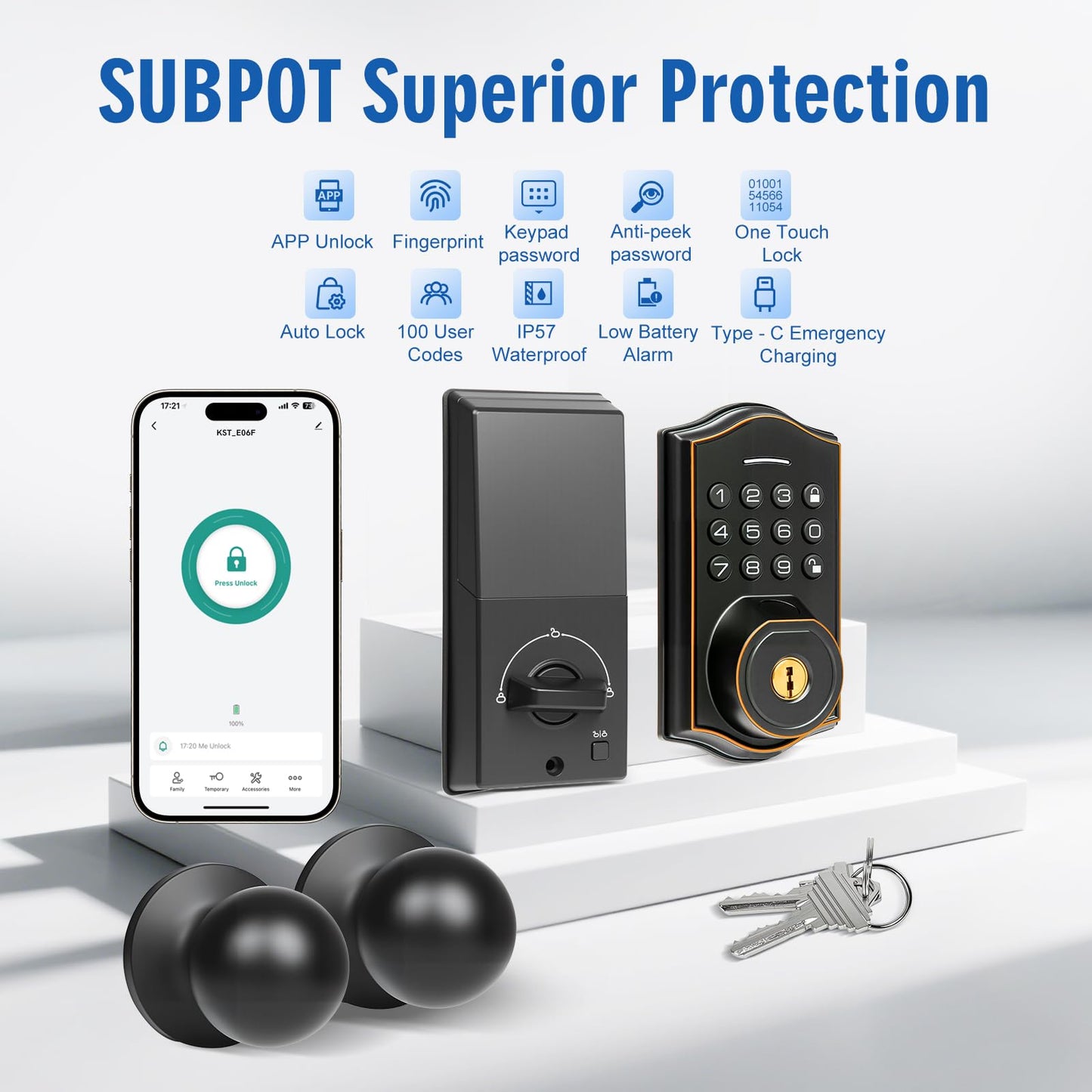 Fingerprint Smart Locks for Front Door with Handle Set,Smart Locks for Front Door,Keyless Entry Keypad Deadbolt, App Control,with 2 Knob,Anti-Peek Password,Easy Install,Auto Lock,Satin Nickel