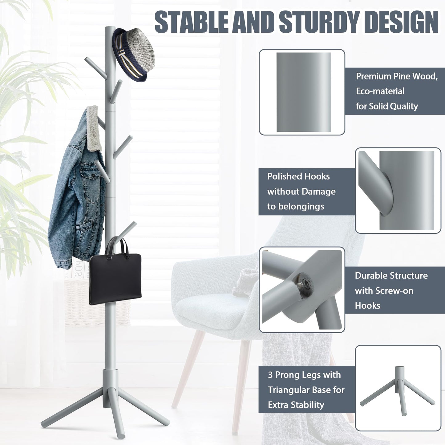 Wooden Coat Rack Stand with 8 Hooks
