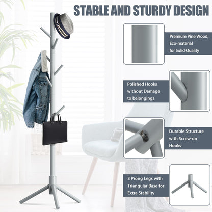 Wooden Coat Rack Stand with 8 Hooks