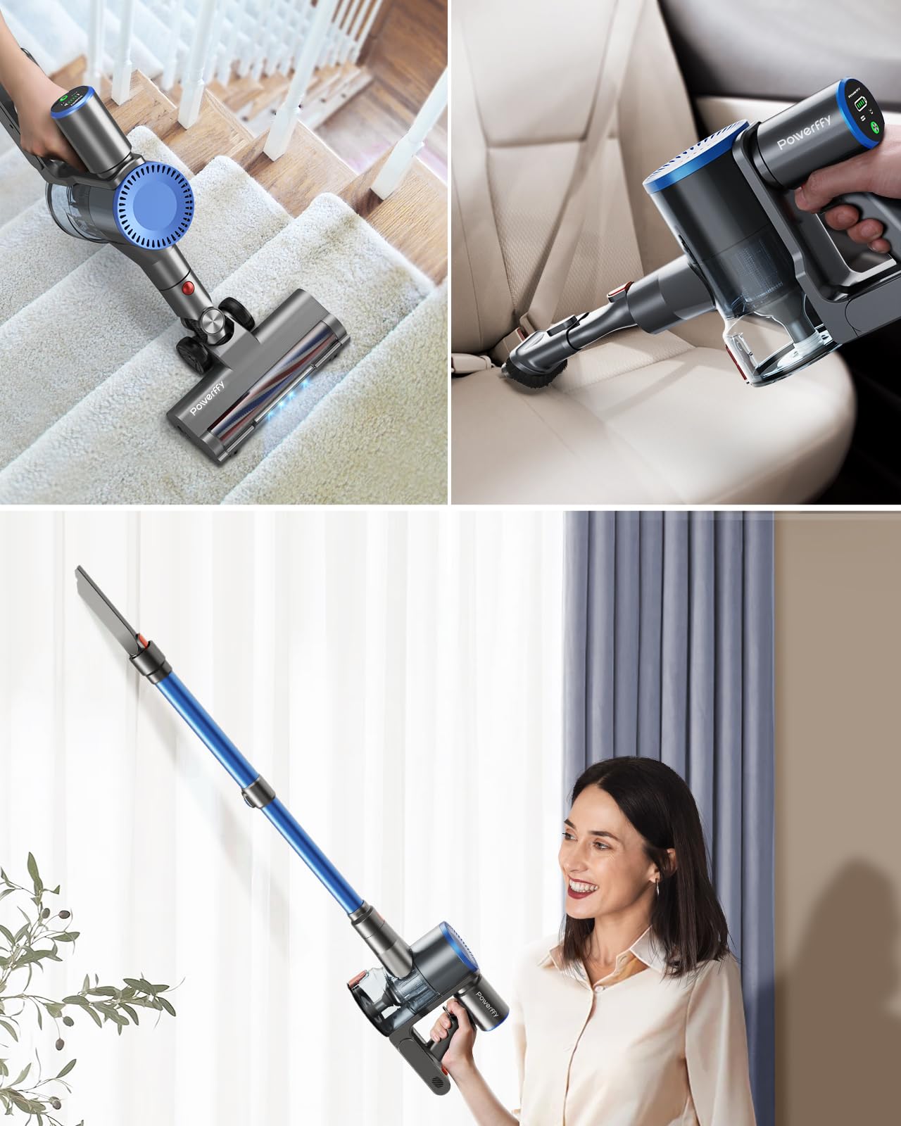 Powerffy 400W/30Kpa Cordless Vacuum Cleaner, 45 mins Rechargeable Stick Vacuum with 1.2 L Dust Cup,80000Rpm Powerful Motor Handheld Stick Vacuum for Hard Floor,Carpet,Pet Hair (N10)