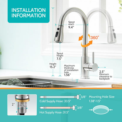 Kicimpro Kitchen Faucet with Pull Down Sprayer Brushed Nickel, High Arc Single Handle Sink Faucet with Water Lines, Commercial Modern rv Stainless Steel, Grifos De Cocina