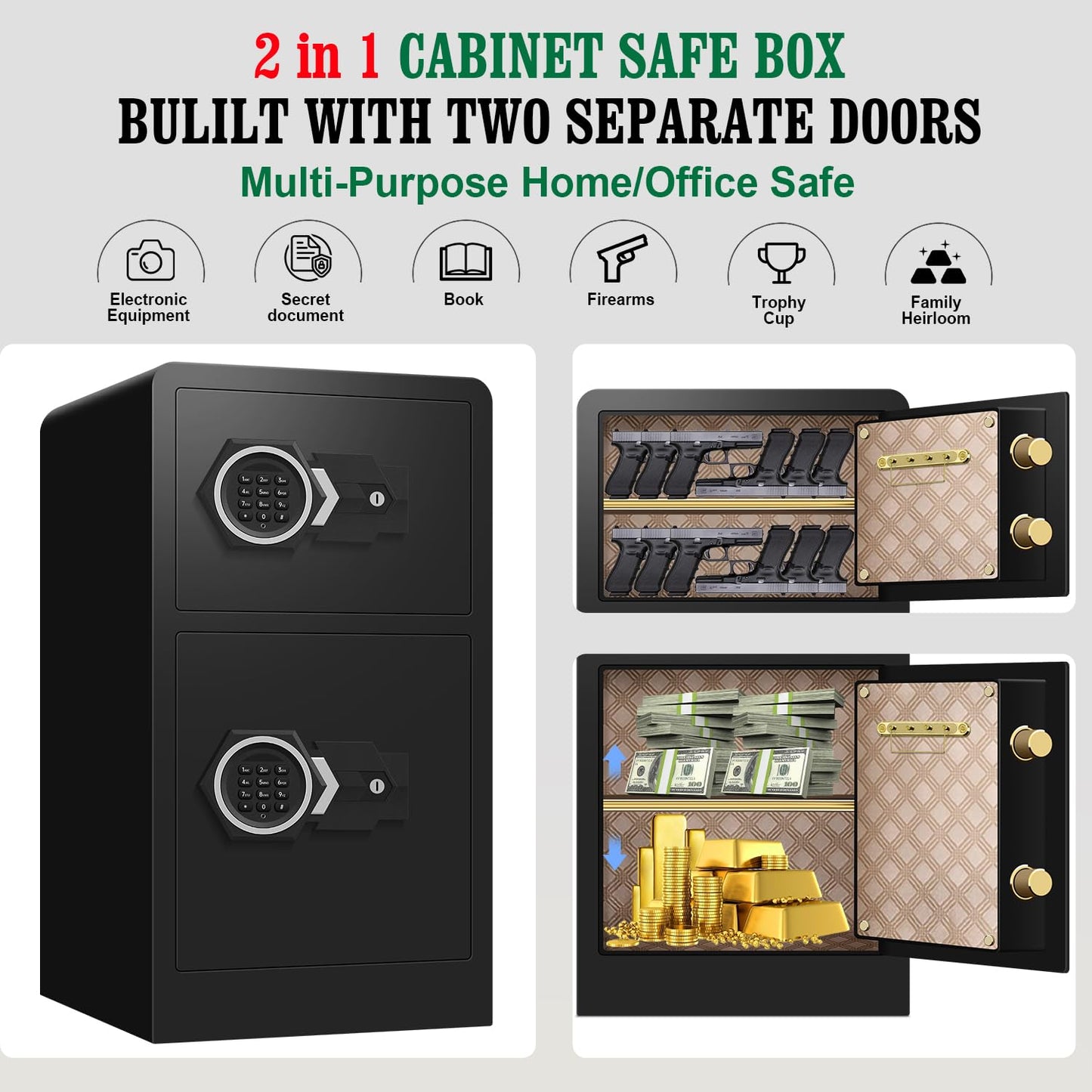 6.0 Cubic Feet Extra Large Home Safes Water and Fireproof with Two Departments, Large Fireproof Safe for Home Use With Hidden Compartment, Separate Lock Box and Led Light (Large Safe)