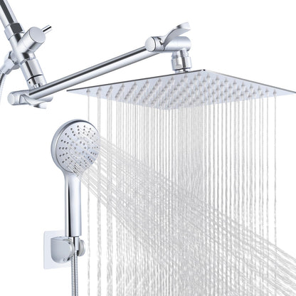 Qomolangma Dual Shower Heads with Handheld Spray Combo, 8 Inch High Pressure Rainfall Shower Head with 11" Extension Arm, 5 Settings Powerful Handheld Spray with 60" Long Hose & Holder