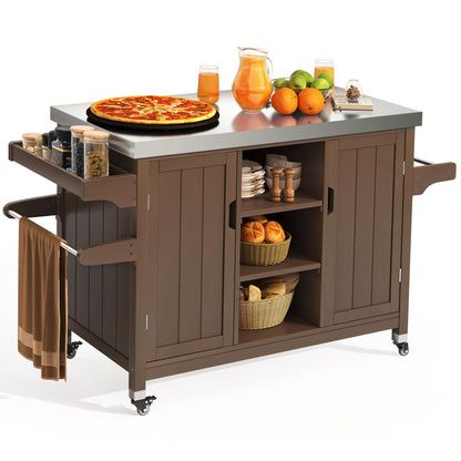 YITAHOME XL Solid Wood Grill Cart Outdoor Storage Cabinet Movable Patio Table with Stainless Steel Top, Spice Rack, and Side Handle, Outdoor Kitchen Island Bar Cart, Brown