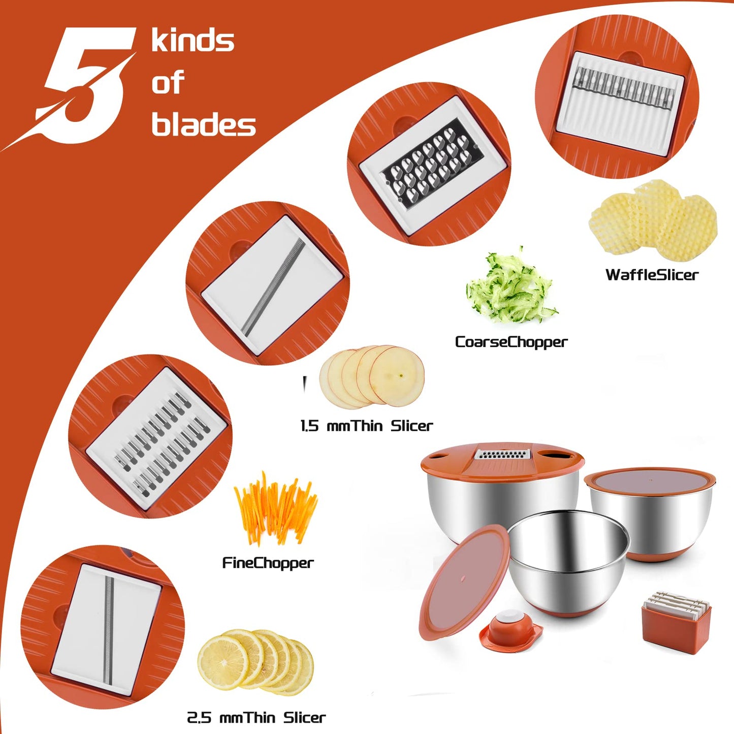 weltonhm Mixing Bowls with Lids Set,3 Pieces Stainless Steel Nesting Bowls Vegetables Slicer Non-Slip Mixing Bowl for Baking Prepping Cooking(Orange)