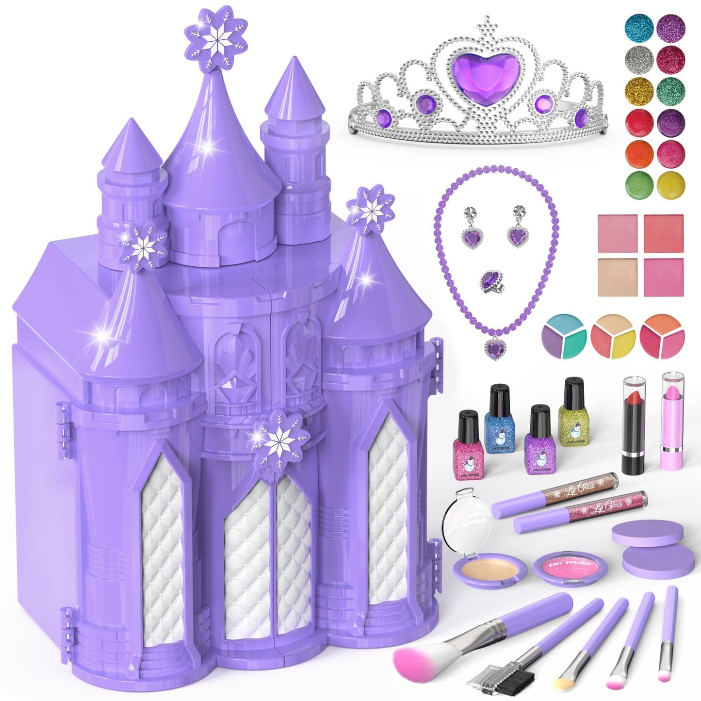 PERRYHOME Kids Makeup Kit for Girl 52 Pcs Frozen Castle Toys for Girls, Safe & Non-Toxic & Washable Little Girl Makeup Set, Toddler Girl Toy Christmas & Birthday Girl Gift for 3-12 (Purple)