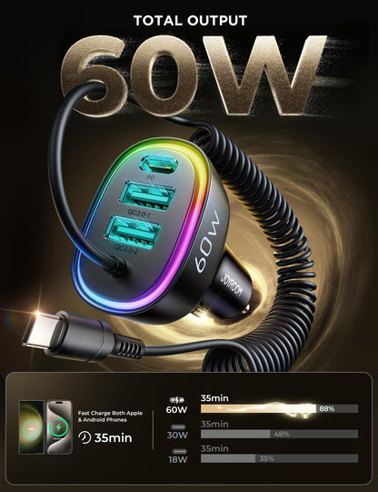 JOYROOM 60W USB-C Car Charger with Coiled Cable