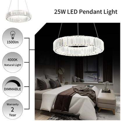 Modern Crystal Chandeliers for Dining Rooms Glass Round Chandelier Fixtures LED Hanging Lamps 1 Ring Pendant Light D15.7" 25W 1500lm 4000K Dimmable Dining Room Ceiling Light for Living Room Bedroom