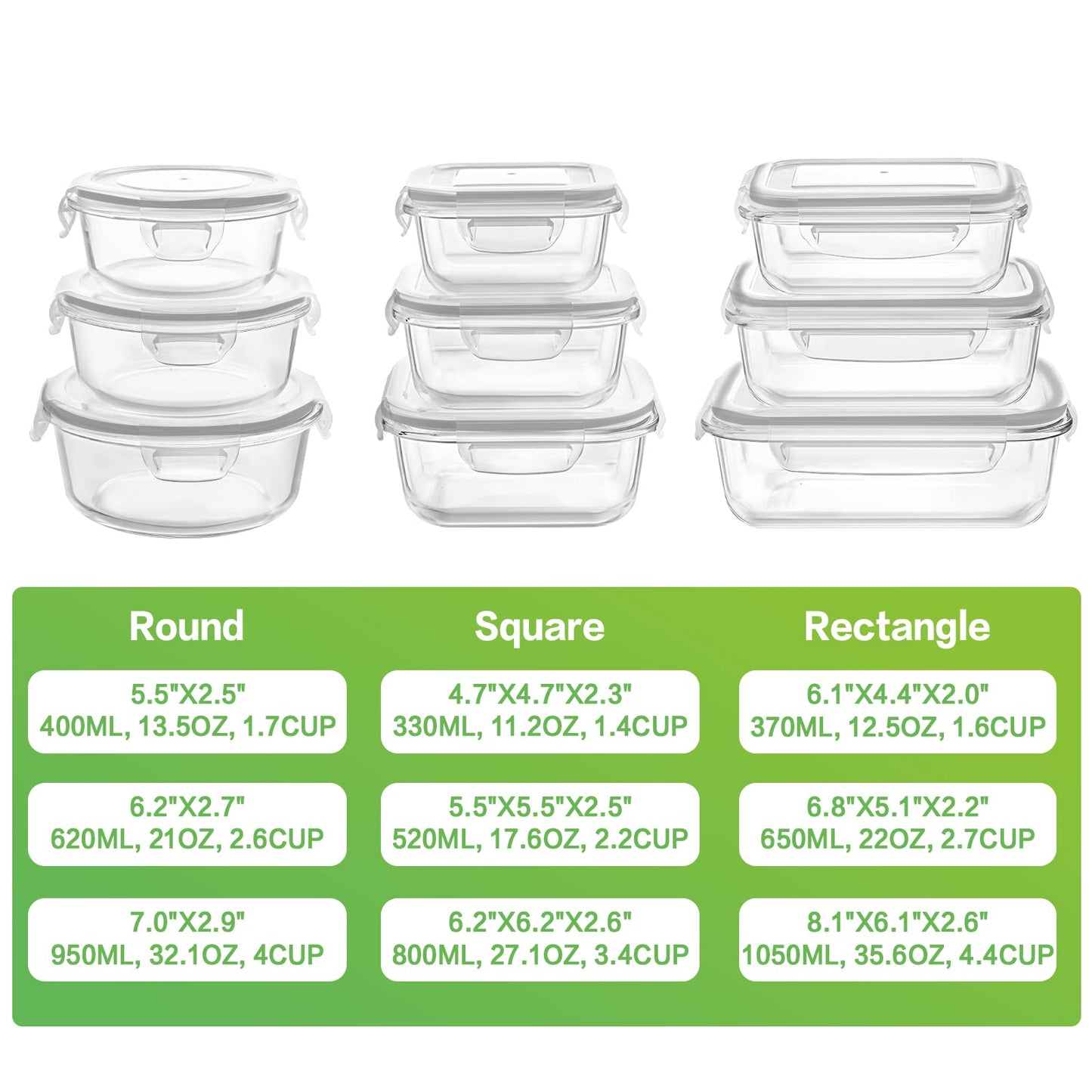 HOMBERKING Glass Food Storage Containers with Lids, [18 Piece] Glass Meal Prep Containers, Airtight Glass Lunch Bento Boxes, BPA-Free & Leak Proof (9 lids & 9 Containers) - Grey