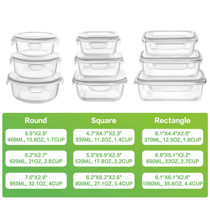 HOMBERKING Glass Food Storage Containers with Lids, [18 Piece] Glass Meal Prep Containers, Airtight Glass Lunch Bento Boxes, BPA-Free & Leak Proof (9 lids & 9 Containers) - Grey