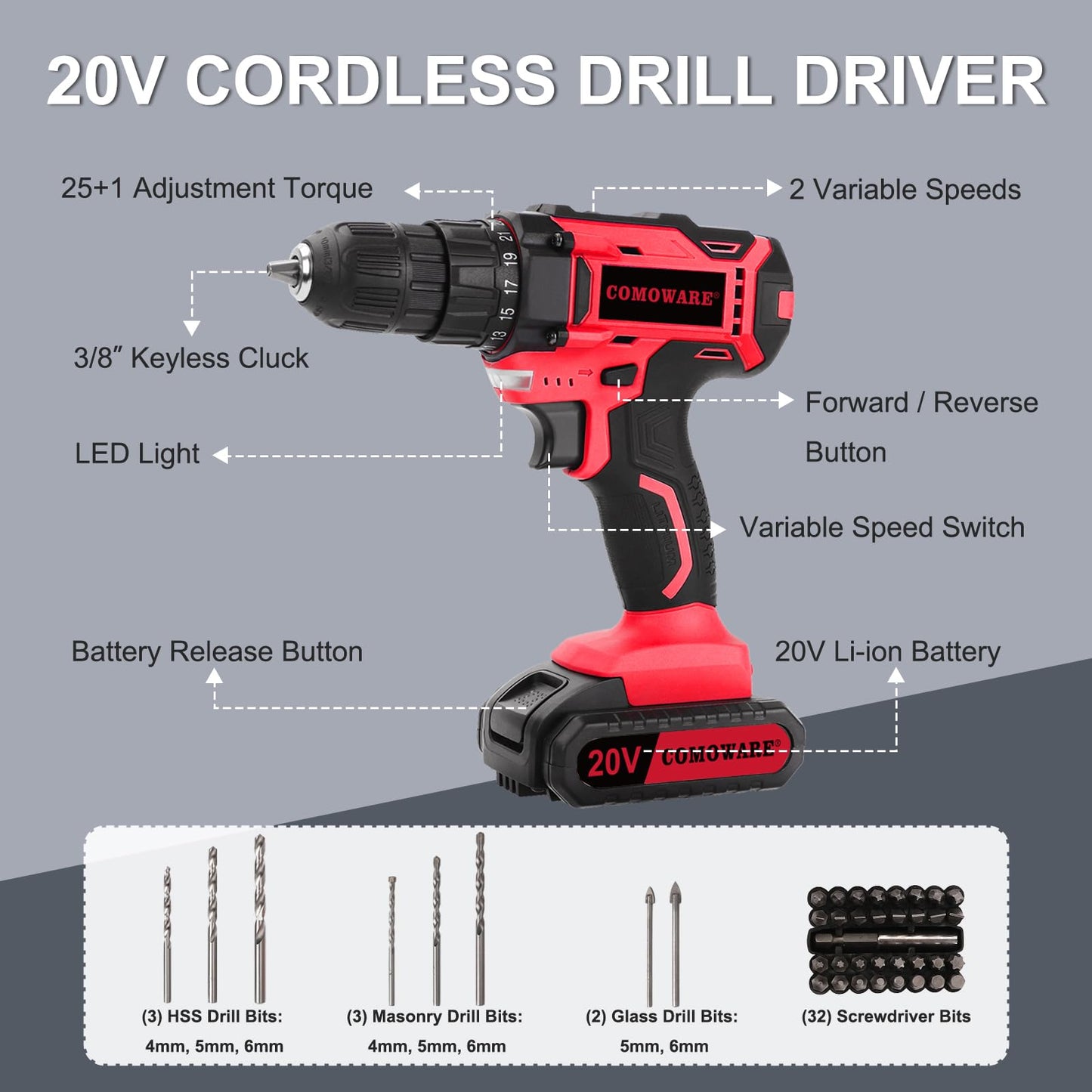 COMOWARE 171PCS Tool Kit with Cordless Drill