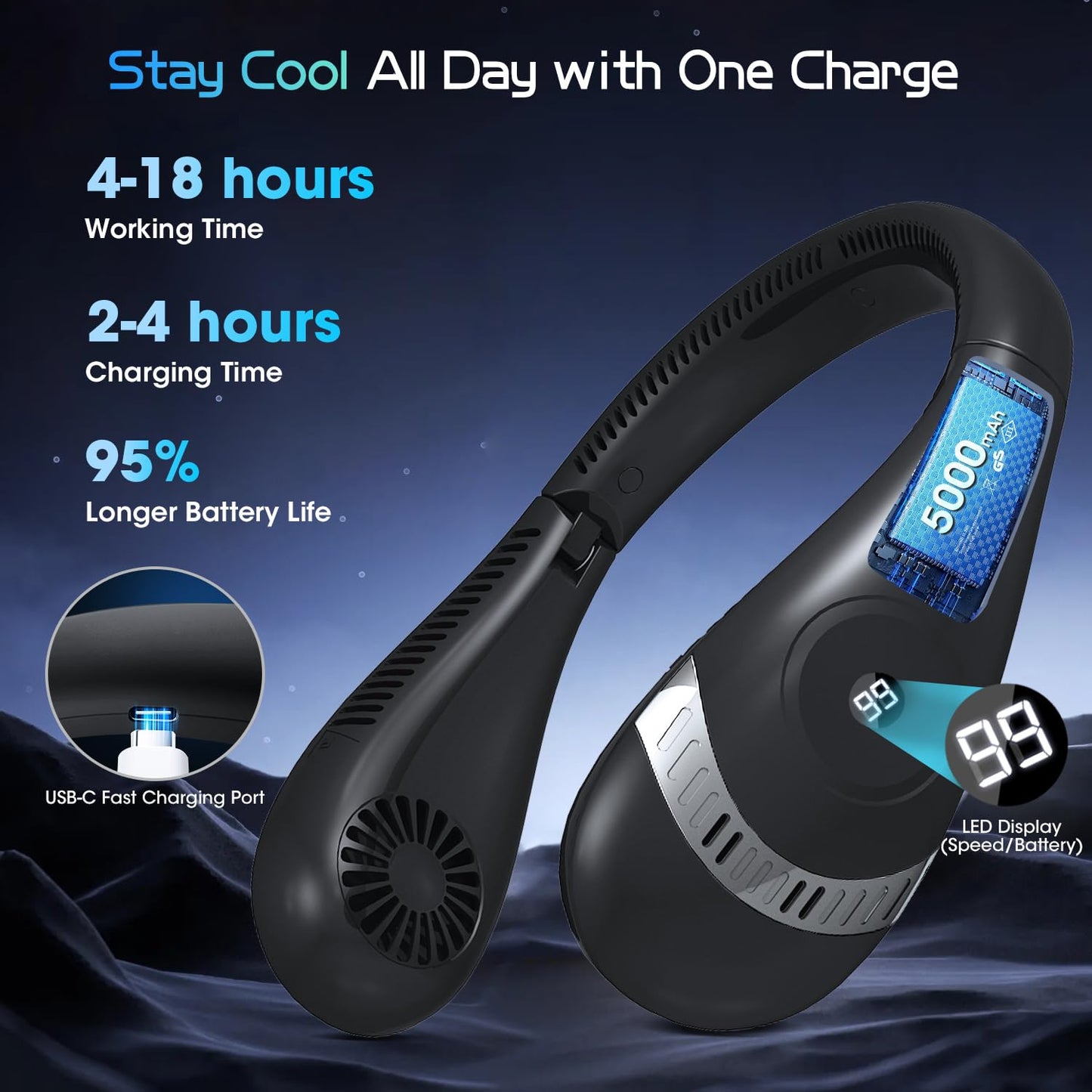 Portable 360° Bladeless Neck Fan with Rechargeable Battery