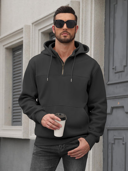 Caracilia Mens Half Zip Hoodies Midweight Loose Fit Fleece Quarter Zip Pullover Sweatshirt-Black-S