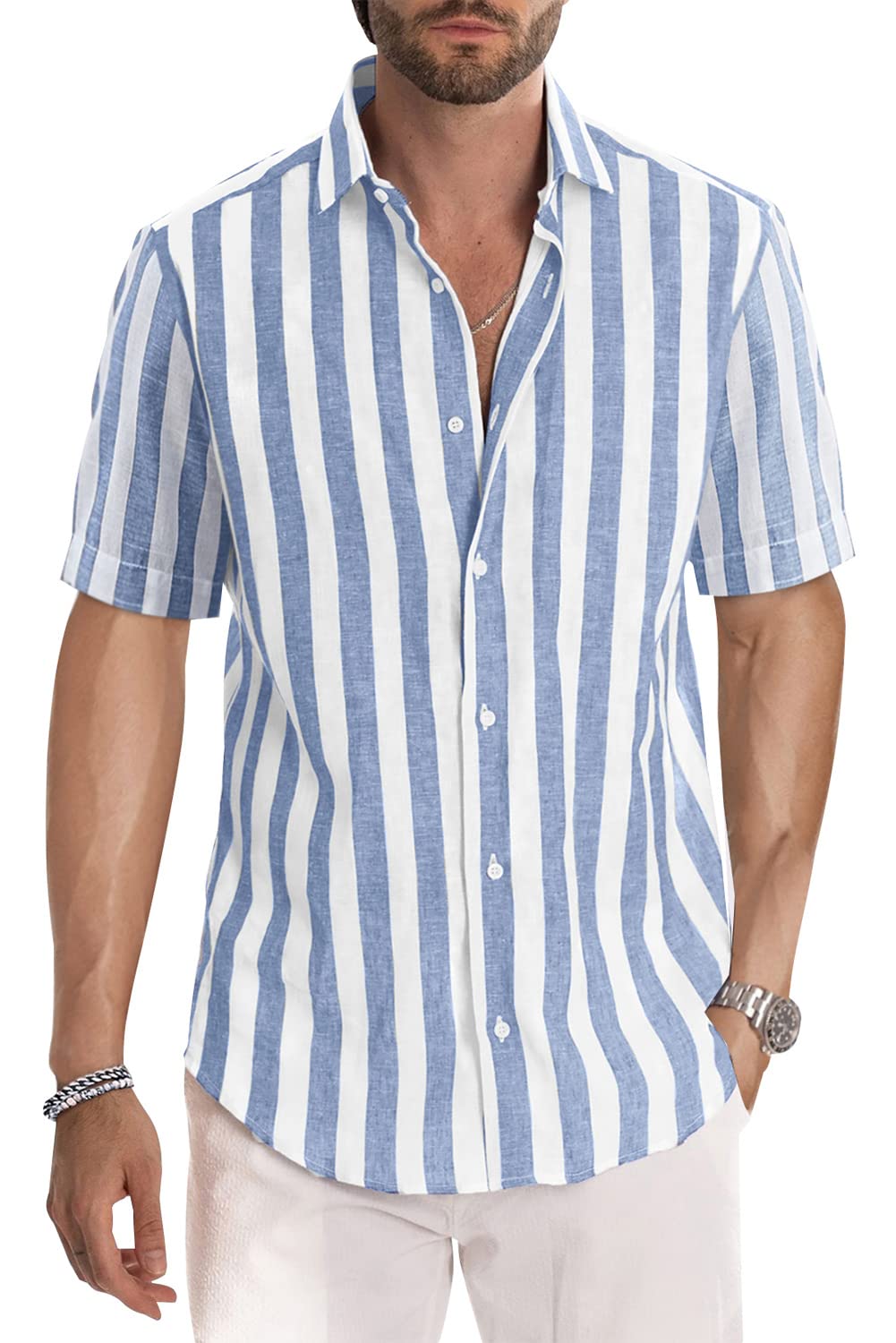 JMIERR Men's Summer Casual Stylish Short Sleeve Button-Down Shirts Cotton Linen Vertical Striped Dress Shirts Beach Hawaiian Shirt Cruise Wear Men, S, Sky Blue