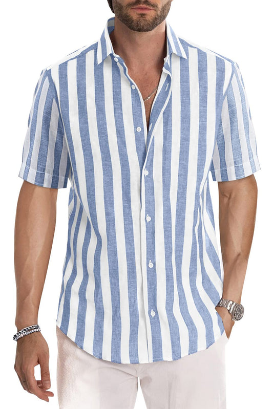 JMIERR Men's Summer Casual Stylish Short Sleeve Button-Down Shirts Cotton Linen Vertical Striped Dress Shirts Beach Hawaiian Shirt Cruise Wear Men, S, Sky Blue