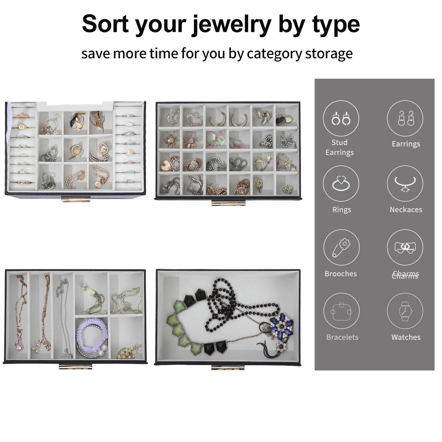 Tian Ye Zhou Jewelry Box with Glass Lids, 4 Layer Large Jewelry Holder Organizer with Mirror, White Jewelry Box with 3 Drawers for Sunglasses, Necklace and Bracelet Storage Gifts for Her (Black)