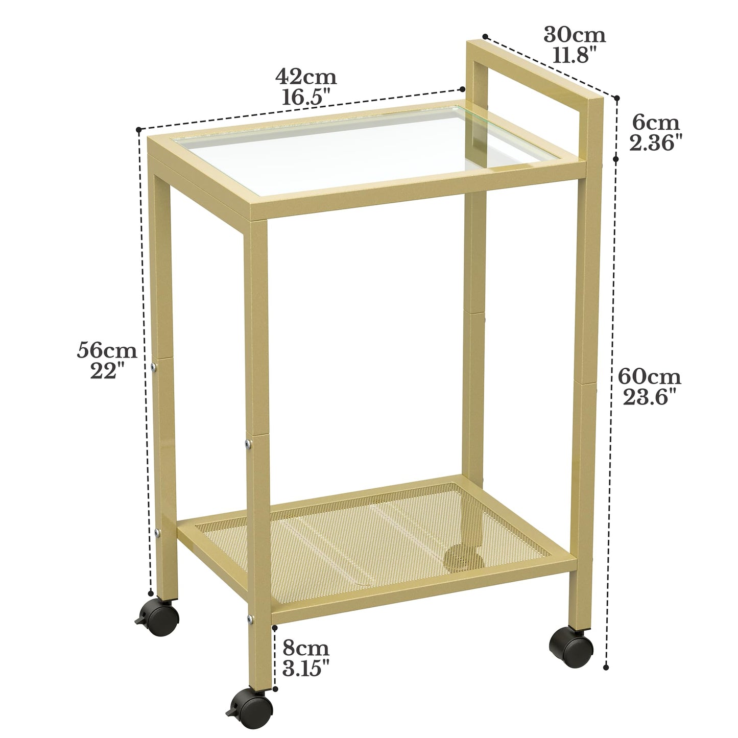 Waissdea 2-Tier Side Table，Mobile Side Table, End Tables with Tempered Glass, Narrow Side Table with Storage Shelves, for Living Room Bedroom Home Decor (Gold)