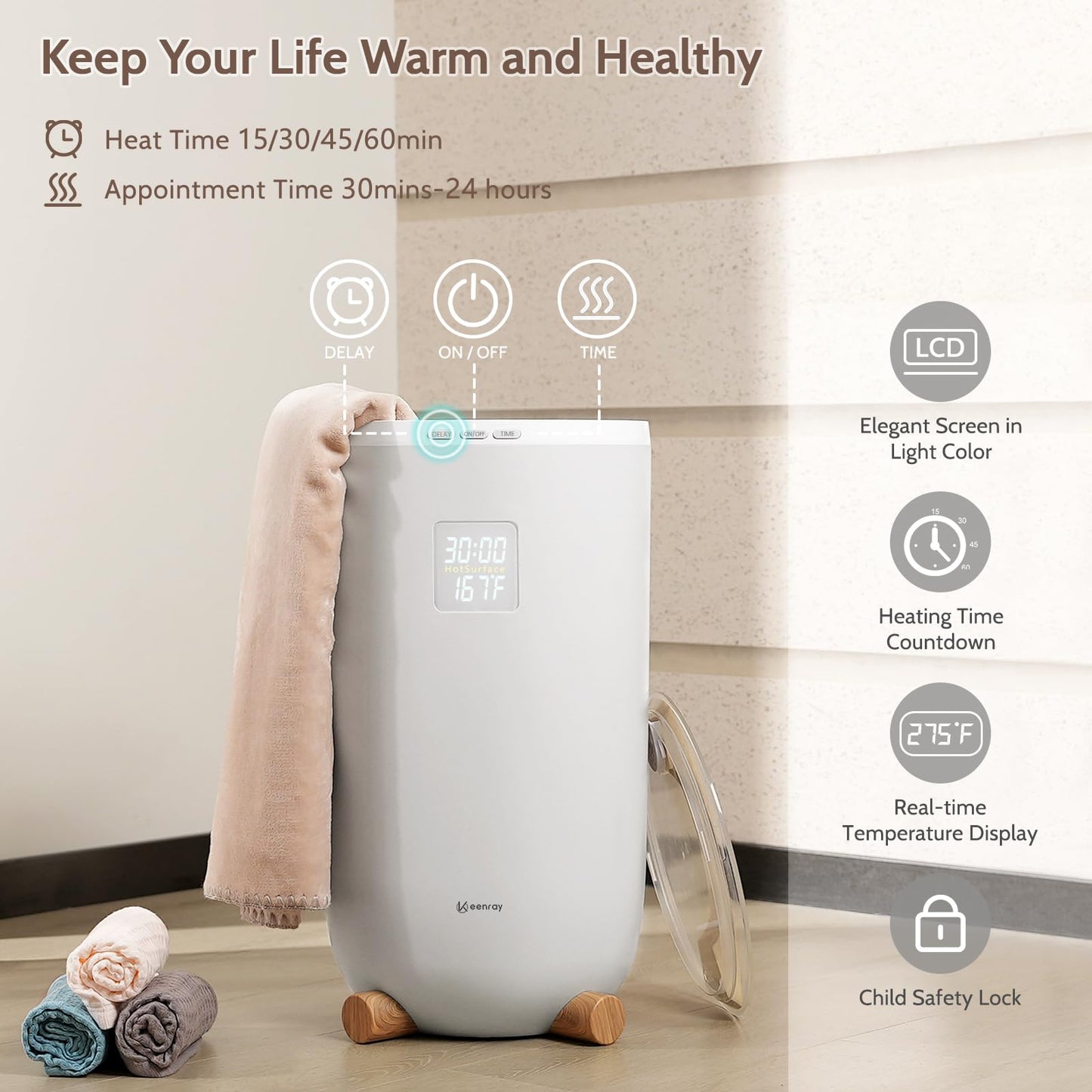 Keenray Towel Warmer for Bathroom, Luxury Towel Warmer Bucket with Timer, LED Display for Time and Temperature, Delay Time Up to 24 Hours, Child Lock, Hot Towel Heater, Gifts for Mom,Dad,Him,Her, Grey