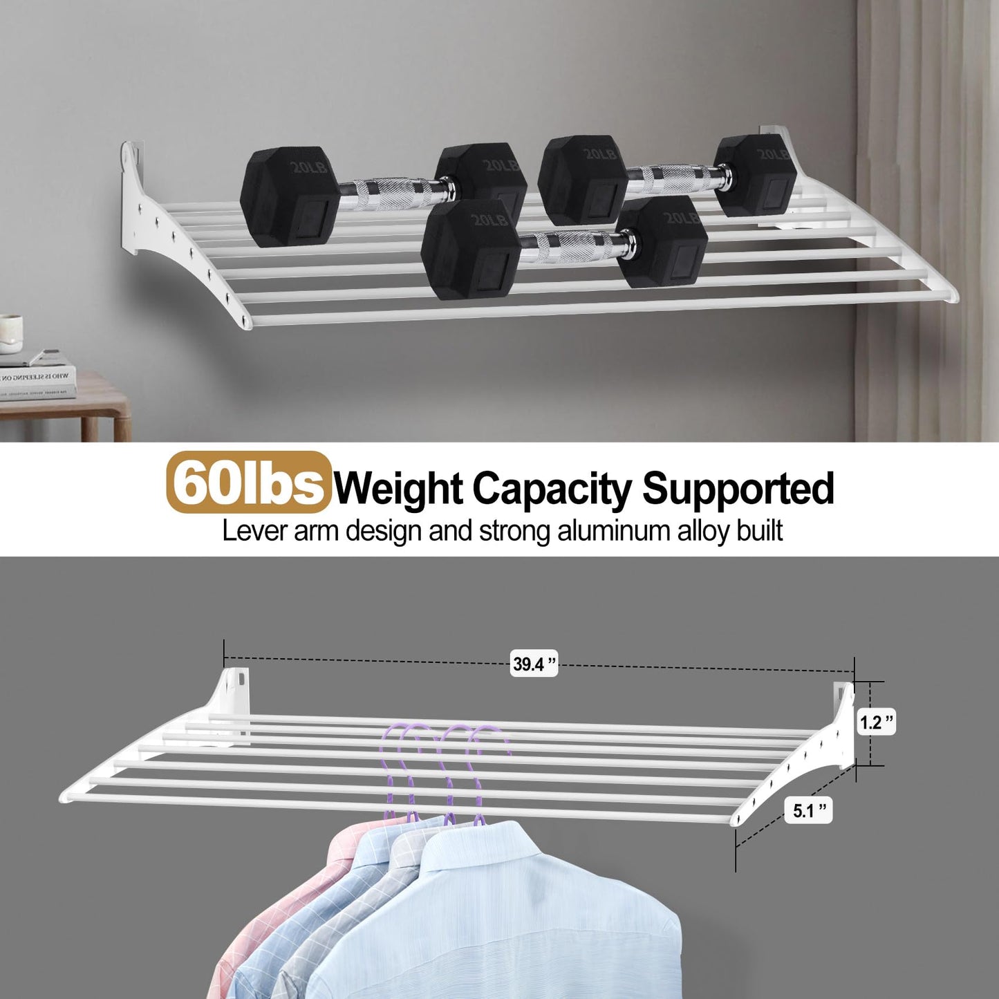 Wall Mounted Drying Rack, 90 Degree Foldable 31.5" Length Laundry Drying Rack, 60lb Bearing Capacity Clothes Drying Rack with 7 Aluminium Rods for Bathroom, Bedroom, Balcony (40inch)