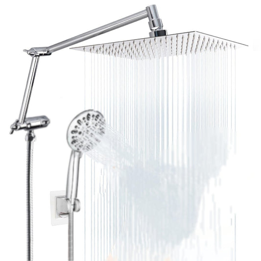 Hygie Rinse All Metal 10 Inches Rainfall Shower Head with 7-Spray Handheld Spray Combo, Adjustable Folded Extension Arm, 71 Inch Stainless Steel Shower Hose and 3 Settings Diverter, Chrome