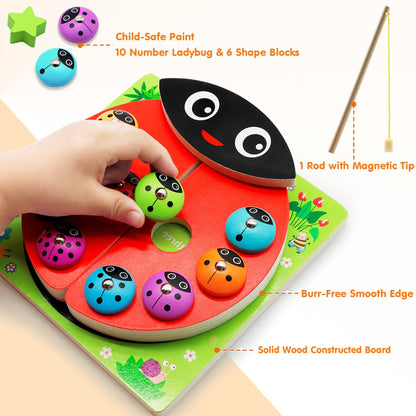 Wooden Ladybug Montessori Fishing Game for Kids