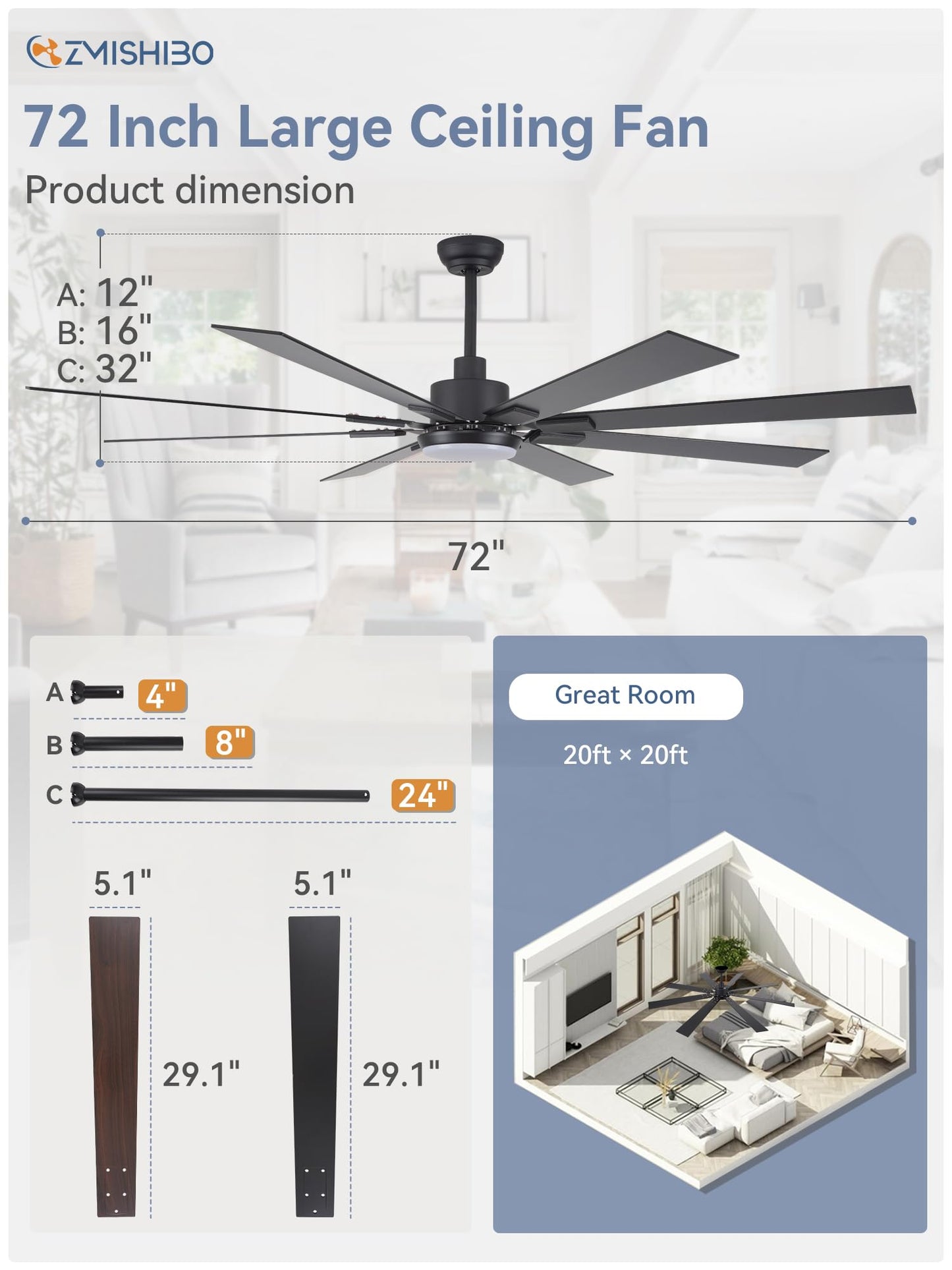 ZMISHIBO 72" Ceiling Fan with Lights & Remote
