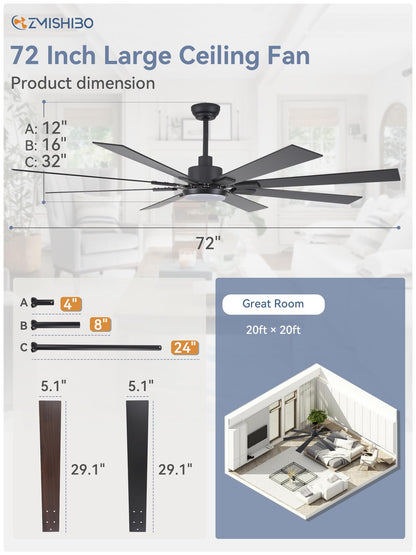 ZMISHIBO 72" Ceiling Fan with Lights & Remote