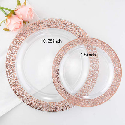 IOOOOO 150 Pcs Rose Gold Plastic Plates & Silverware & Disposable Cups, Laced Design Includes 25 Dinner Plates 10.25" 25 Dessert Plates 7.5" 25 Tumblers 25 Forks 25 Knives 25 Spoons for Party