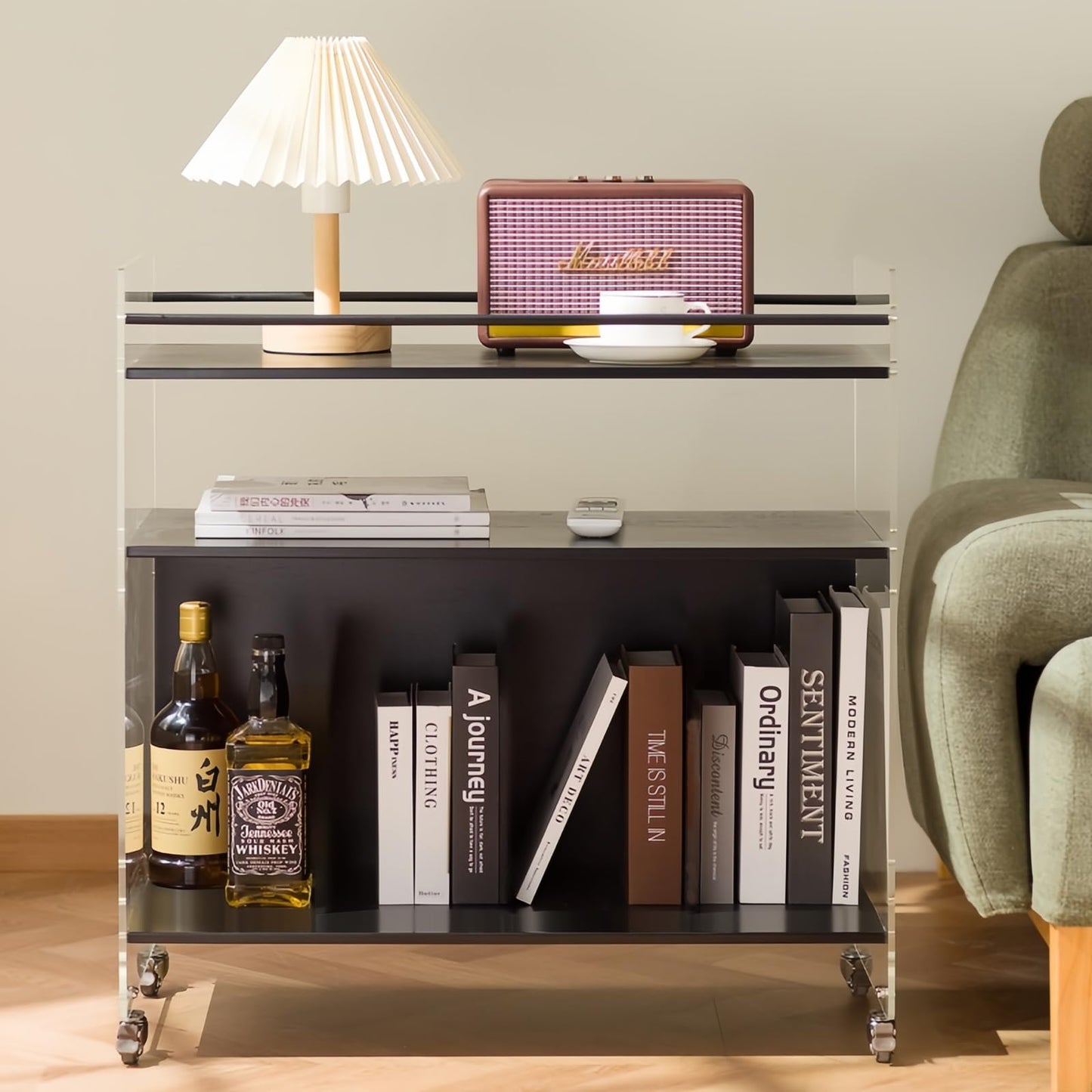VRFRSX Acrylic Black Bar Cart,Wine Rack Cart,Wine Tea Liquor Shelve,Serving Carts,Kitchen Cart with Lockable Casters, Acrylic Home Furniture,26.4" L x 14.2" W x 27.6" H,3-Tier