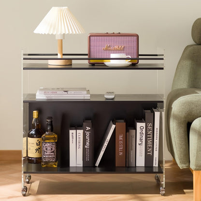 VRFRSX Acrylic Black Bar Cart,Wine Rack Cart,Wine Tea Liquor Shelve,Serving Carts,Kitchen Cart with Lockable Casters, Acrylic Home Furniture,26.4" L x 14.2" W x 27.6" H,3-Tier