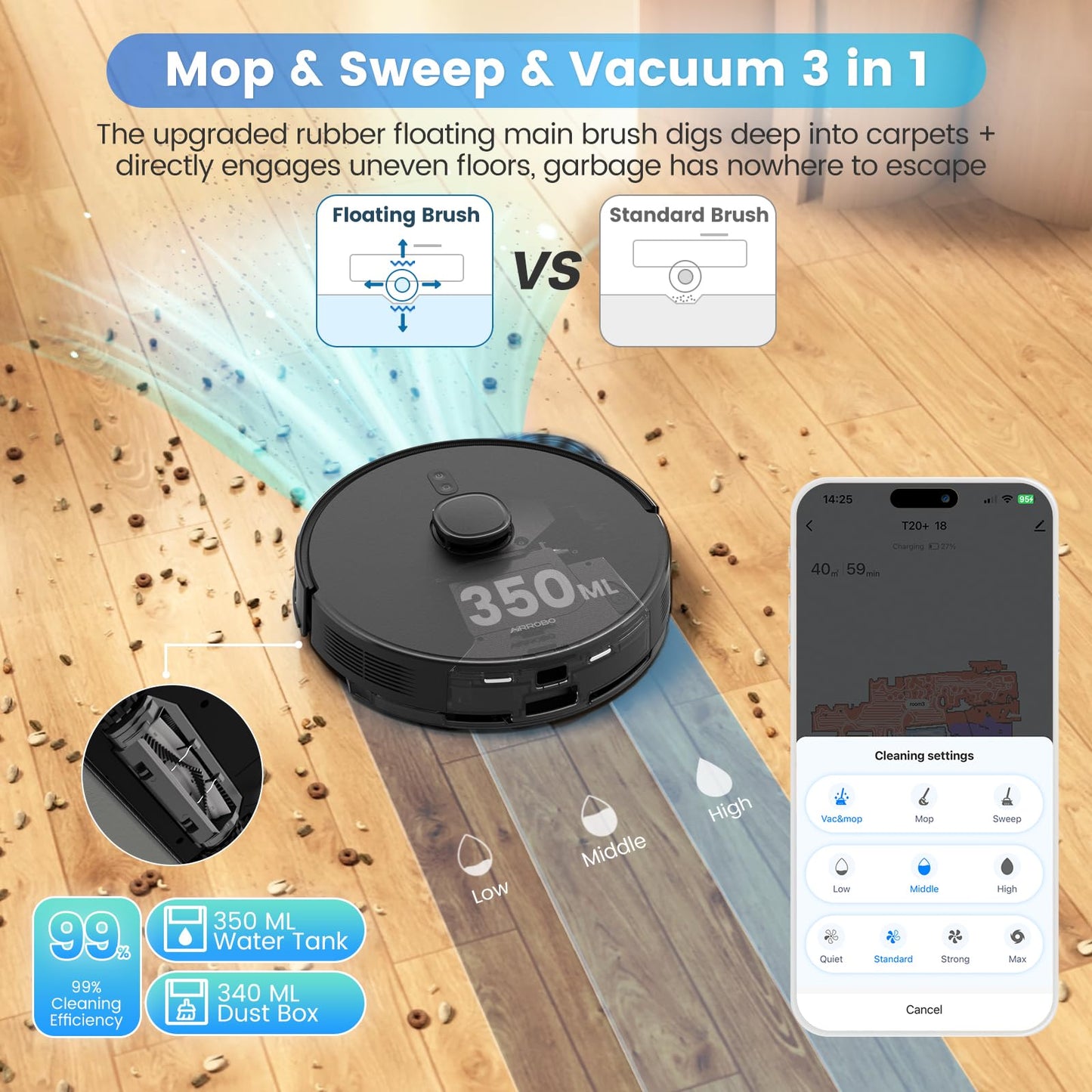 AIRROBO Robot Vacuum and Mop Combo, Self-Emptying, 60-Day Capacity, Home Mapping, Schedule, Wi-Fi/App/Alexa/Remote, 180mins Runtime, T20+ Robotic Vacuum Cleaner for Pet, Hard Floors, Carpet