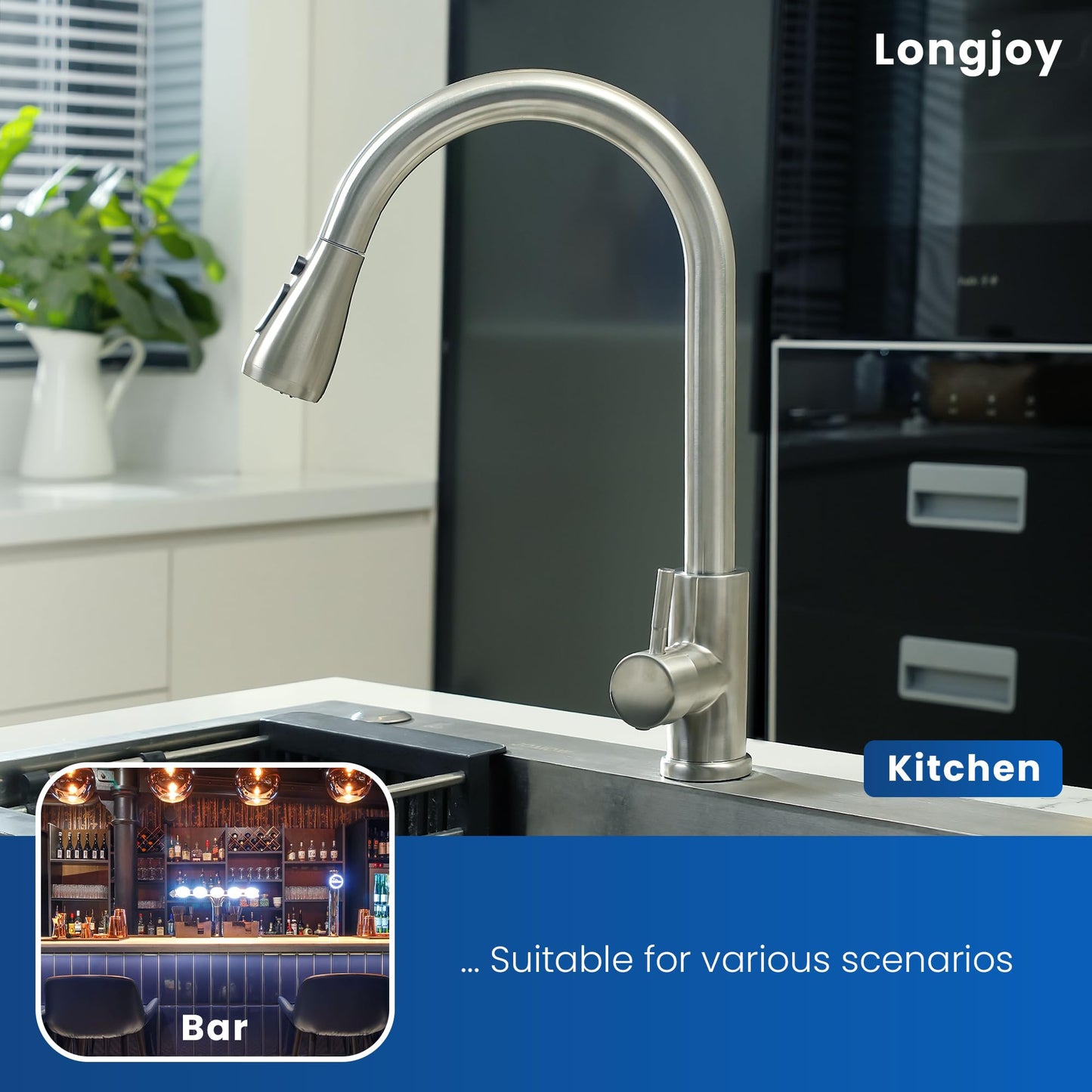 Longjoy Kitchen Faucets,Single Handle High Arc Pull Down Kitchen Faucet,Stainless Steel Kitchen Sink Faucets with Pull Down Sprayer,Kitchen Sink Faucets for Laundry Bar