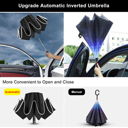 Lejorain Folding Reverse LED Umbrella - Upside Down Reflective Umbrella Compact Inverted Travel Windproof Umbrella Auto Open Close for Rain