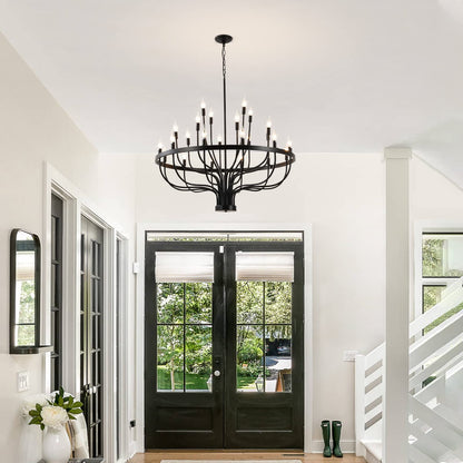 Peonacy Black Farmhouse Chandelier 24 Light, Large Modern Candle Industrial Round Iron Chandeliers Wagon Wheel Chandelier 39 inch for Dining Room Living Room High Ceilings Foyer Entryway