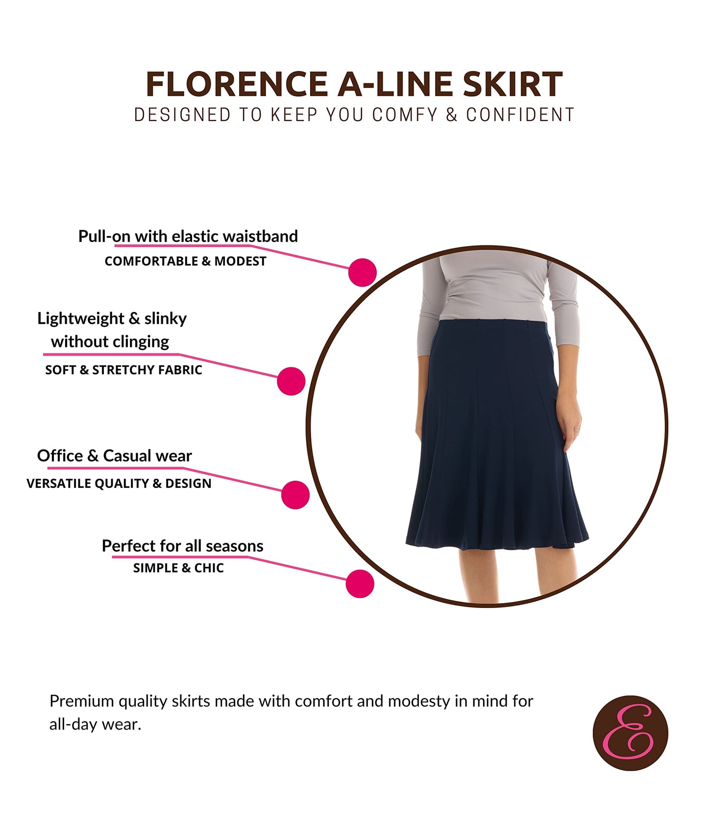 ESTEEZ Skirts for Women Midi Length -Womens - Navy A-line Skirt - Florence (EX802159 Navy Medium)
